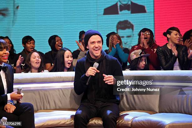 Justin Timberlake visits BET's "106 & Park" with host Paigion at BET Studios on March 14, 2013 in New York City.