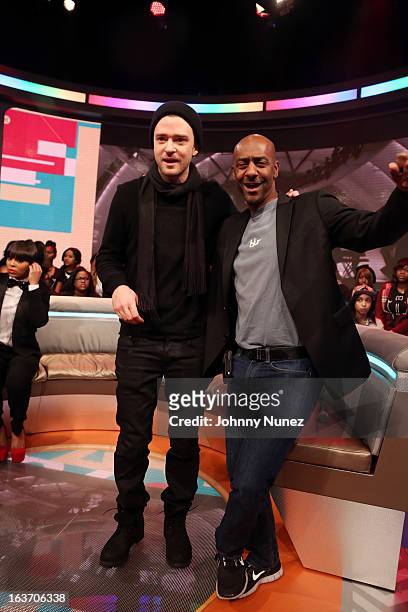 Actor and recording artist Justin Timberlake and BET executive Stephen Hill visits BET's "106 & Park" at BET Studios on March 14, 2013 in New York...