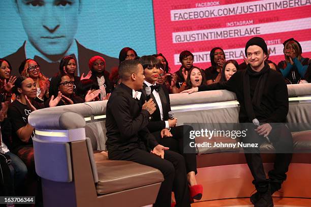 Justin Timberlake visits BET's "106 & Park" with hosts Bow Wow and Paigion at BET Studios on March 14, 2013 in New York City.