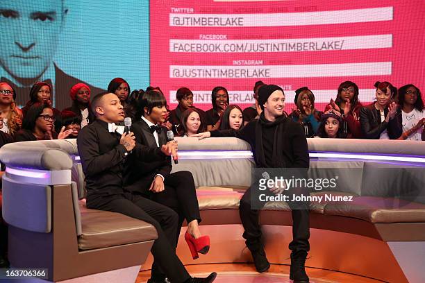 Justin Timberlake visits BET's "106 & Park" with hosts Bow Wow and Paigion at BET Studios on March 14, 2013 in New York City.