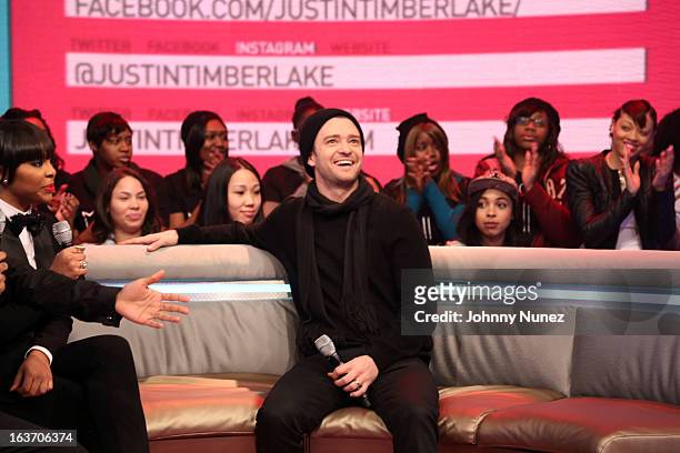 Justin Timberlake visits BET's "106 & Park" with host Paigion at BET Studios on March 14, 2013 in New York City.