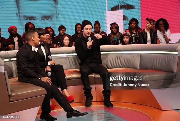 Justin Timberlake visits BET's "106 & Park" with hosts Bow Wow and Paigion at BET Studios on March 14, 2013 in New York City.