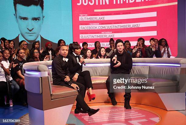 Justin Timberlake visits BET's "106 & Park" with hosts Bow Wow and Paigion at BET Studios on March 14, 2013 in New York City.