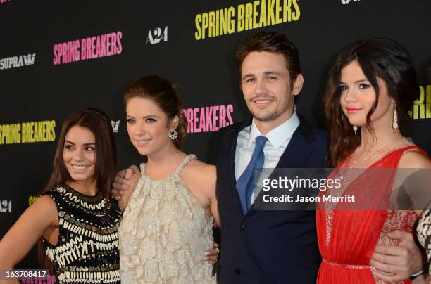 Actors Vanessa Hudgens, Ashley Benson, James Franco and Selena Gomez attend the "Spring Breakers" premiere at ArcLight Cinemas on March 14, 2013 in...