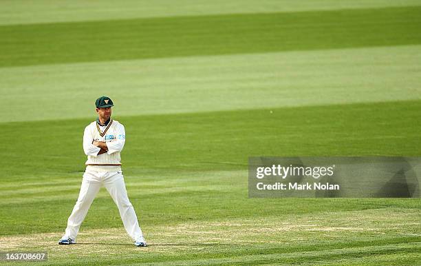Ricky Ponting of Tasmania looks on during day two of the Sheffield Shield match between the Tasmania Tigers and the Victoria Bushrangers at...