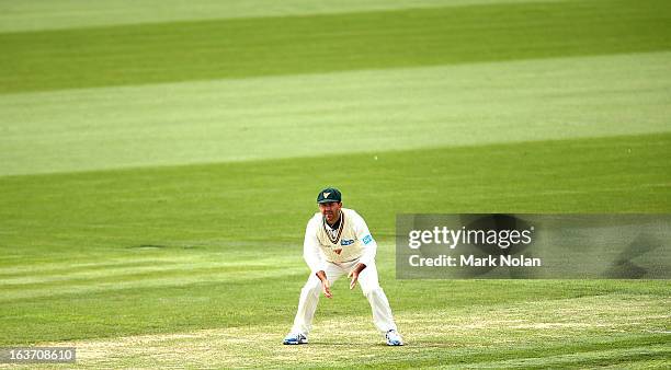 Ricky Ponting of Tasmania fields during day two of the Sheffield Shield match between the Tasmania Tigers and the Victoria Bushrangers at Blundstone...