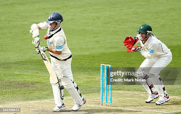 Chris Rogers of Victoria bats during day two of the Sheffield Shield match between the Tasmania Tigers and the Victoria Bushrangers at Blundstone...