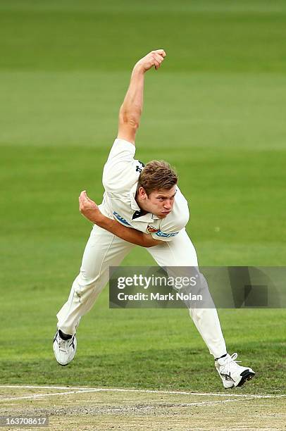 James Faulkner of Tasmania bowls during day two of the Sheffield Shield match between the Tasmania Tigers and the Victoria Bushrangers at Blundstone...