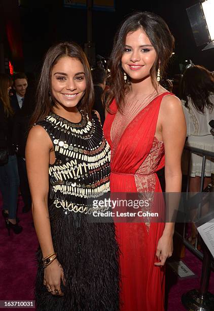 Actresses Vanessa Hudgens and Selena Gomez attend the "Spring Breakers" Los Angeles Premiere at ArcLight Hollywood on March 14, 2013 in Hollywood,...