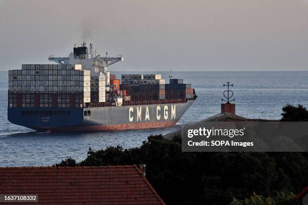 The container ship Alexis of the company CMA CGM leaves the French Mediterranean port of Marseille.