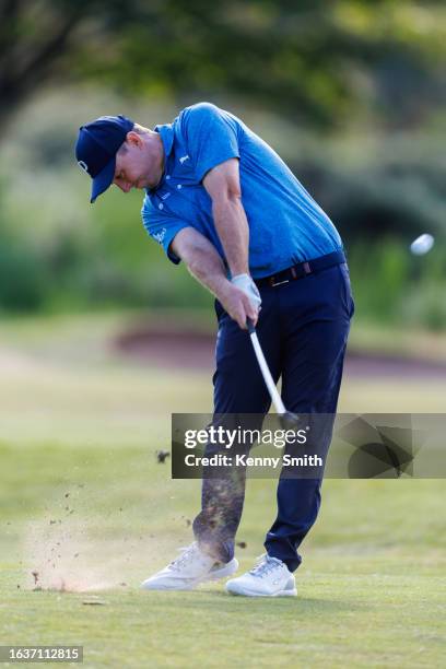 Graeme Robertson plays his approach to the 4th hole on the Final Day of the Loch Lomond Whiskies Scottish PGA Championship at Scotscraig Golf Club on...