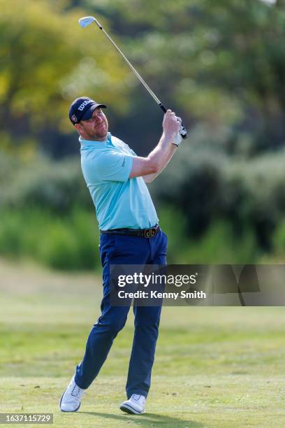 Chris Currie plays his approach to the 4th hole on the Final Day of the Loch Lomond Whiskies Scottish PGA Championship at Scotscraig Golf Club on...