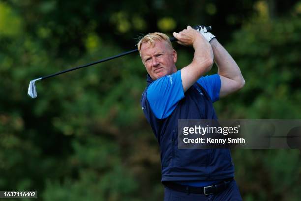Paul McKechnie tees off at the 5th hole on the Final Day of the Loch Lomond Whiskies Scottish PGA Championship at Scotscraig Golf Club on September...