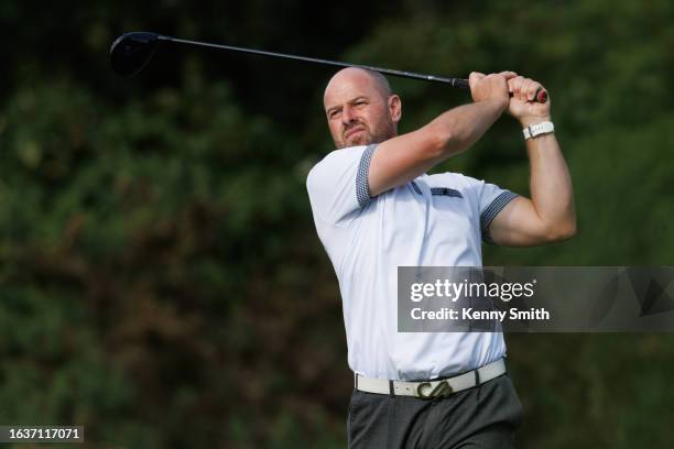 Craig Lee tees off at the 5th hole on the Final Day of the Loch Lomond Whiskies Scottish PGA Championship at Scotscraig Golf Club on September 1,...