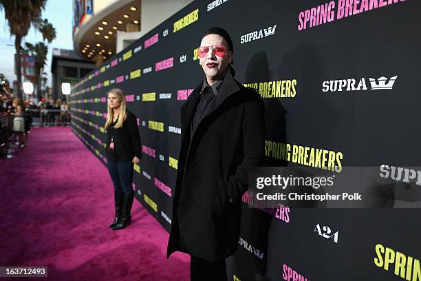 Musician Marilyn Manson attends the "Spring Breakers" premiere at ArcLight Cinemas on March 14, 2013 in Hollywood, California.