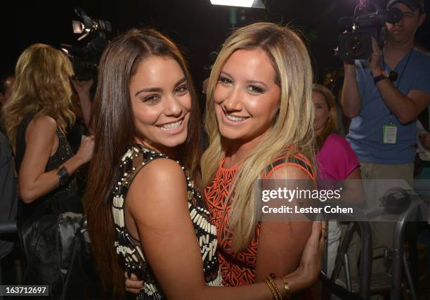 Actresses Vanessa Hudgens and Ashley Tisdale attend the "Spring Breakers" Los Angeles Premiere at ArcLight Hollywood on March 14, 2013 in Hollywood,...