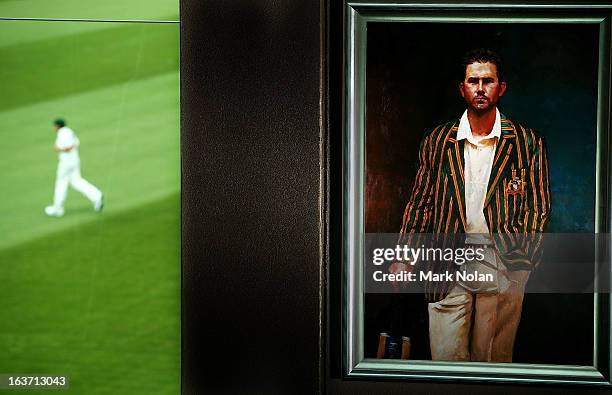 Portrait of Ricky Ponting is displayed in the foyer of the Tasmanian Cricket Museum during day two of the Sheffield Shield match between the Tasmania...