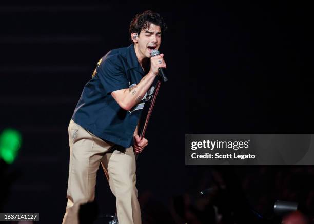 Joe Jonas performs onstage during Jonas Brothers “Five Albums, One Night” Tour at Little Caesars Arena on August 24, 2023 in Detroit, Michigan.