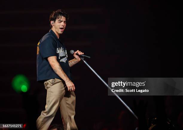 Joe Jonas performs onstage during Jonas Brothers “Five Albums, One Night” Tour at Little Caesars Arena on August 24, 2023 in Detroit, Michigan.