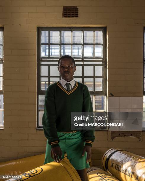 Tshepo Themba Mdaki from the Jabulani Technical Secondary School U16 rugby team poses for a portrait at the school in Soweto, on May 25, 2023.