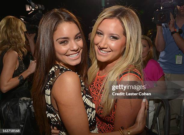 Actresses Vanessa Hudgens and Ashley Tisdale attend the "Spring Breakers" Los Angeles Premiere at ArcLight Hollywood on March 14, 2013 in Hollywood,...