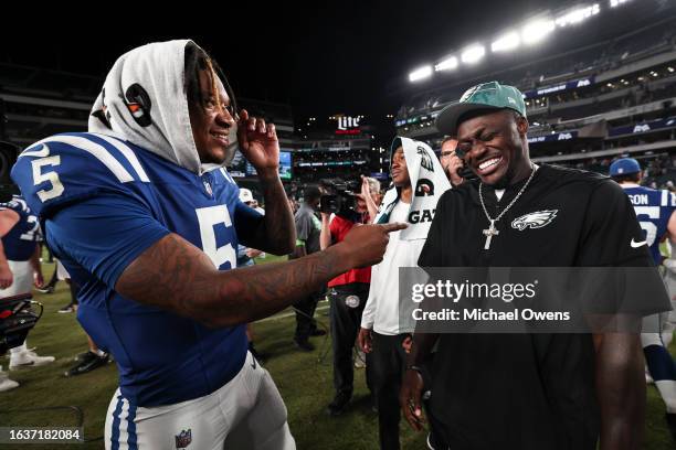 Anthony Richardson of the Indianapolis Colts shares a moment with A.J. Brown of the Philadelphia Eagles following an NFL preseason game at Lincoln...