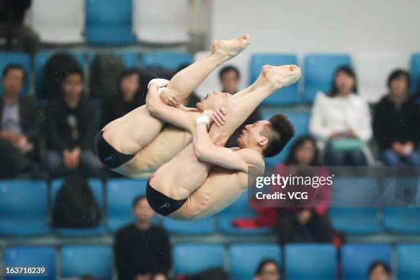 Lin Yue and Chen Aisen of China compete in the Men's 10m Platform Synchro Final during day one of the FINA Diving World Series Beijing Station at the...