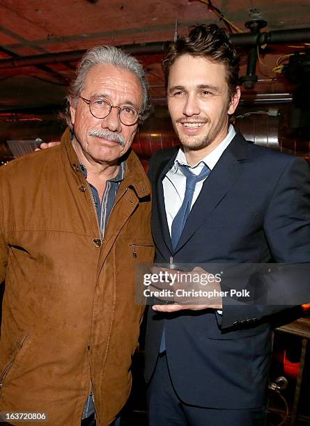 Actors Edward James Olmos and James Franco attend the "Spring Breakers" premiere after party at The Emerson Theatre on March 14, 2013 in Hollywood,...