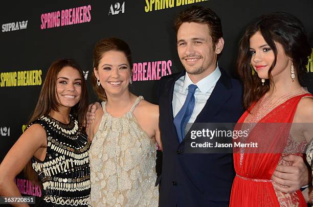 Actors Vanessa Hudgen, Ashley Benson, James Franco, and Selena Gomez attend the 'Spring Breakers' Los Angeles Premiere at ArcLight Hollywood on March...