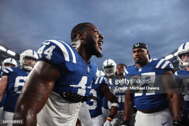 Zaire Franklin of the Indianapolis Colts reacts as he leads a huddle prior to an NFL preseason game against the Philadelphia Eagles at Lincoln...