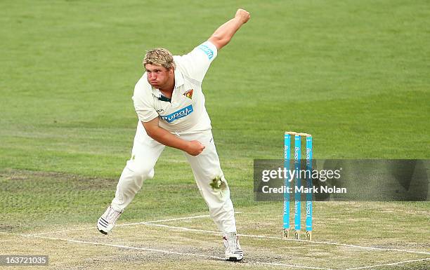 Mark Cosgrove of Tasmania bowlsduring day two of the Sheffield Shield match between the Tasmania Tigers and the Victoria Bushrangers at Blundstone...