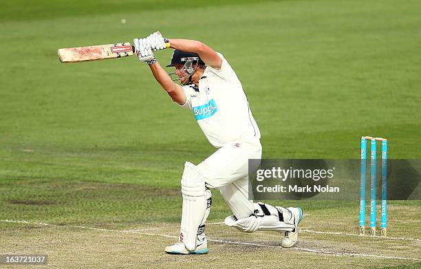 Cameron White of Victoria bats during day two of the Sheffield Shield match between the Tasmania Tigers and the Victoria Bushrangers at Blundstone...