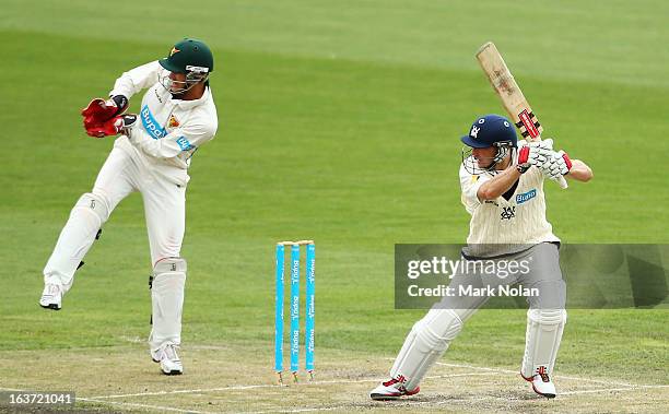 David Hussey of Victoria bats during day two of the Sheffield Shield match between the Tasmania Tigers and the Victoria Bushrangers at Blundstone...