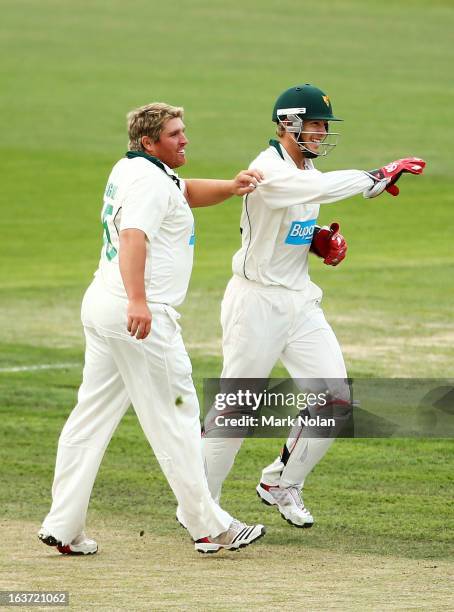 Mark Cosgrove and Tim Paine of Tasmania celebrate a wicket during day two of the Sheffield Shield match between the Tasmania Tigers and the Victoria...