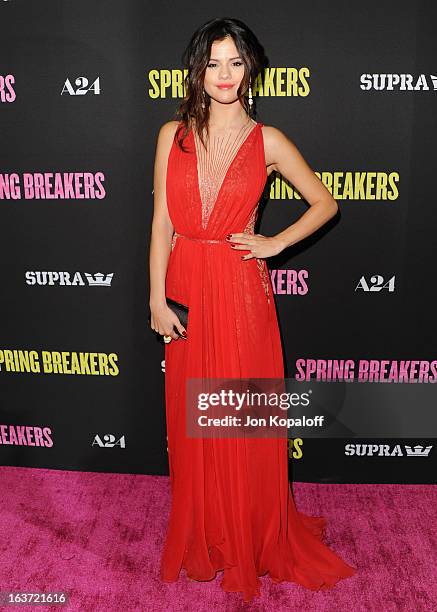 Actress Selena Gomez arrives at the Los Angeles Premiere "Spring Breakers" at ArcLight Hollywood on March 14, 2013 in Hollywood, California.