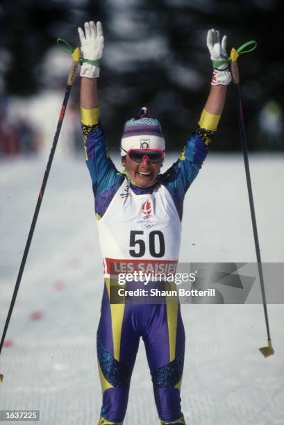 STEFANIA BELMONDO OF ITALY REACTS WITH JOY TO HER GOLD MEDAL WIN IN THE 30K WOMENS CROSS COUNTRY FREESTYLE DURING THE 1992 ALBERTVILLE WINTER...