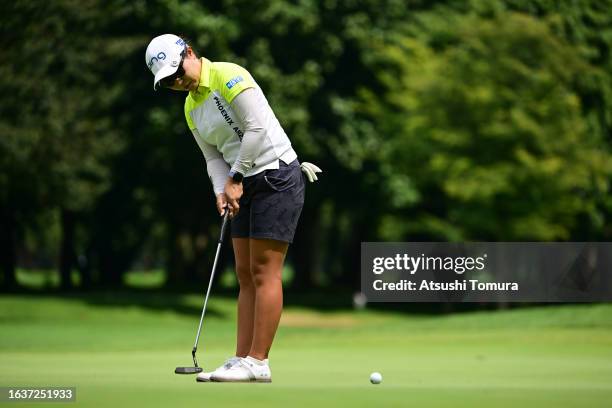 Mamiko Higa of Japan attempts a putt on the 1st green during the second round of NITORI Ladies at Otaru Country Club on August 25, 2023 in Otaru,...