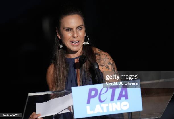 Actress Kate Del Castillo speaks during PETA Latino's 10th Anniversary Celebration at PETA's Bob Barker Building on August 24, 2023 in Los Angeles,...