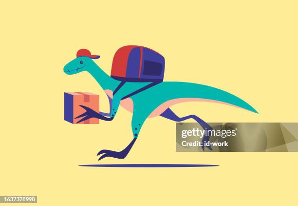 ilustrações de stock, clip art, desenhos animados e ícones de courier velociraptor carrying parcel and running - personagem mitológica