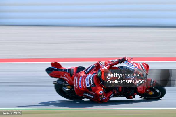 Ducati Italian rider Francesco Bagnaia rides during the second MotoGP free practice session of the Moto Grand Prix of Catalonia at the Circuit de...