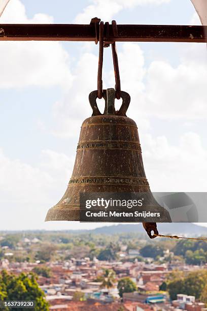 church bell above town and landscape - campana foto e immagini stock