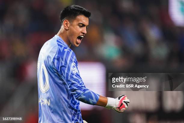 Goalkeeper Irfan Can Egribayat of Fenerbahce celebrating during the UEFA Europa Conference League Play-Off Leg Two match between FC Twente and...