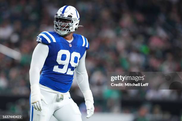 DeForest Buckner of the Indianapolis Colts looks on against the Philadelphia Eagles during the preseason game at Lincoln Financial Field on August...