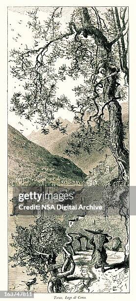torno, lake como, italy i antique european illustrations - bergamo alps stock illustrations
