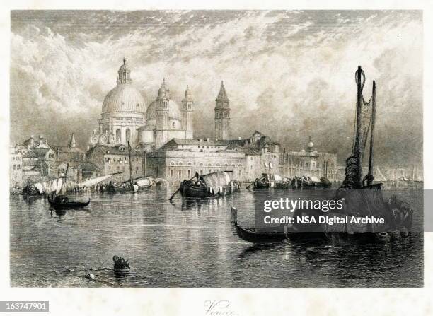 venice, italy(antique steel engraving) - passenger craft stock illustrations