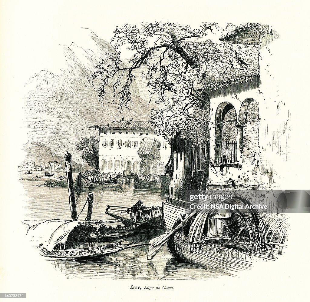 Lecco, Lake Como, Italy I Antique European Illustrations