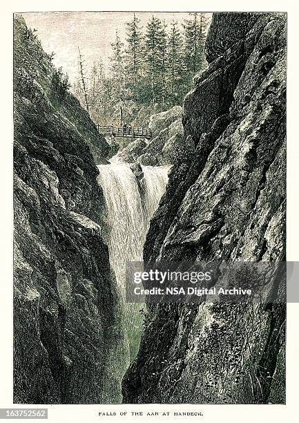 handegg waterfall, switzerland i antique european illustrations - mont blanc stock illustrations