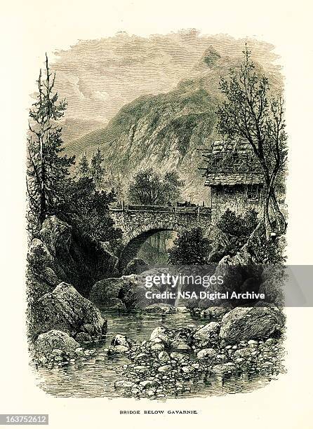 ilustraciones, imágenes clip art, dibujos animados e iconos de stock de puente a continuación cirque de gavarnie, francia e ilustraciones europea de antigüedades - iberian peninsula