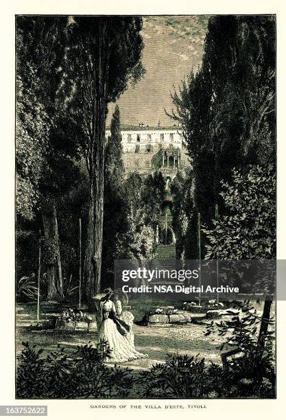 gardens of the villa d'este, tivoli, italy, wood engraving (1875 - villa deste stock illustrations