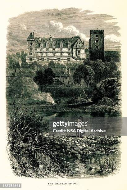 chateau de pau, france i antique european illustrations - french chateau stock illustrations